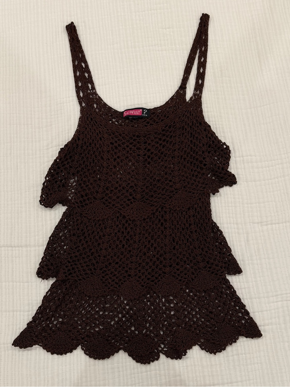 saywhat vintage brown crochet ruffle tank top